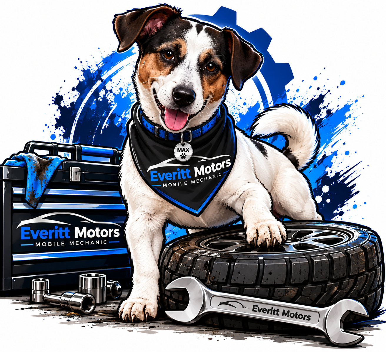 Max, the Everitt Motors mascot, wearing his mechanic bandana beside a tyre and toolbox